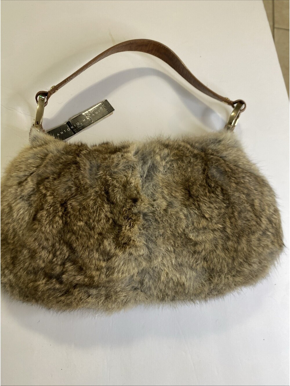 Antonio Melani Women's Brown Leather and Rabbit Fur Handbag New With Tags